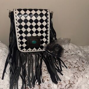 Black & White Fringe Crossbody Bag with Turquoise Accent 🖤🤍
